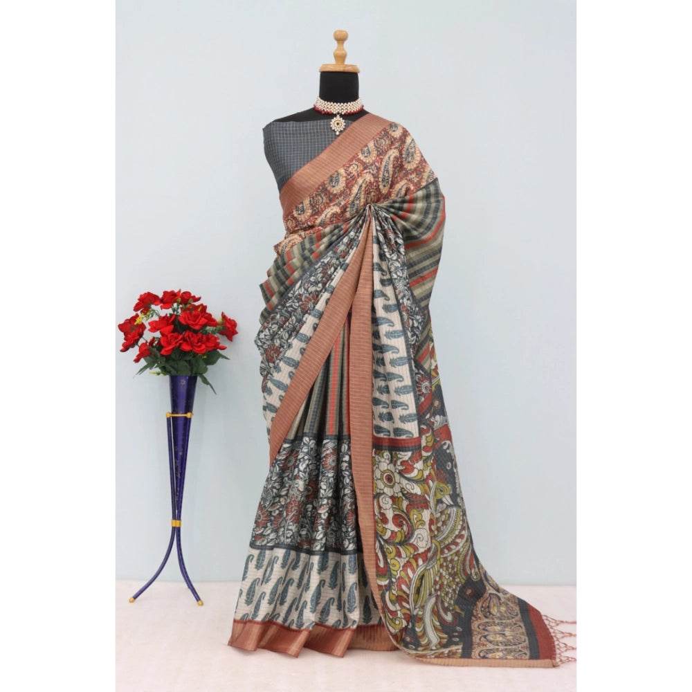 Generic Women's Mysore Silk Digital Print Saree With Unstitched Blouse 5.5Mtr (Grey) - MYLUXURY LANE ENTERPRISE