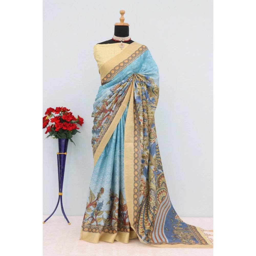 Generic Women's Mysore Silk Digital Print Saree With Unstitched Blouse 5.5Mtr (Sky Blue) - MYLUXURY LANE ENTERPRISE