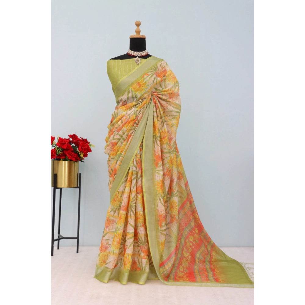 Generic Women's Linen Digital Print Saree With Unstitched Blouse 5.5Mtr (Multicolor) - MYLUXURY LANE ENTERPRISE