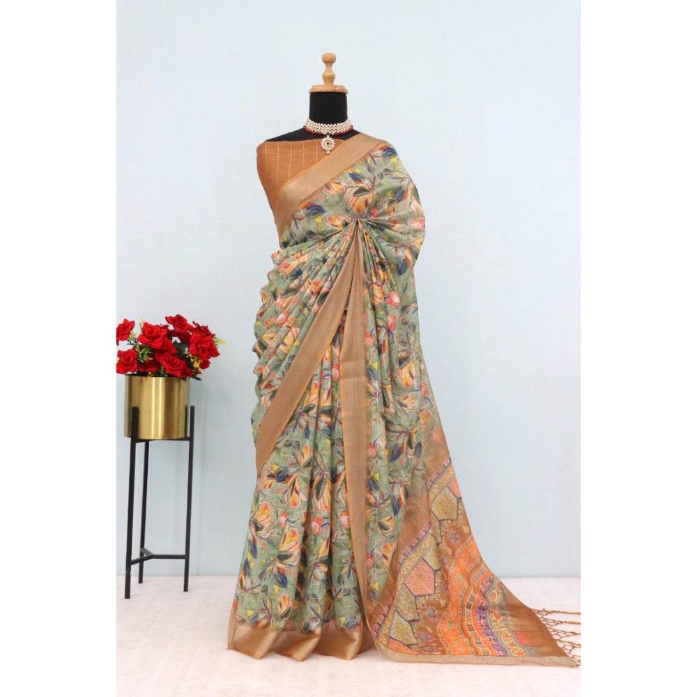 Generic Women's Linen Digital Print Saree With Unstitched Blouse 5.5Mtr (Beige) - MYLUXURY LANE ENTERPRISE