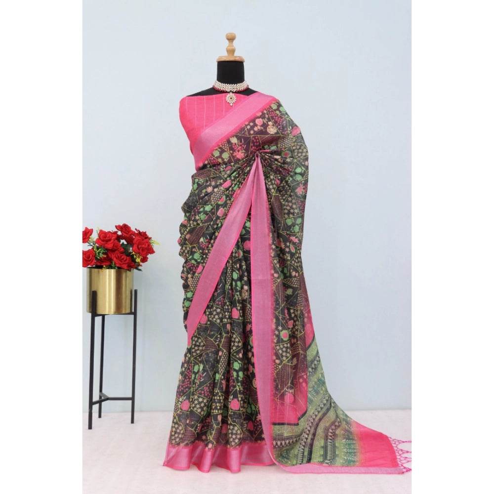 Generic Women's Linen Digital Print Saree With Unstitched Blouse 5.5Mtr (Multicolor) - MYLUXURY LANE ENTERPRISE