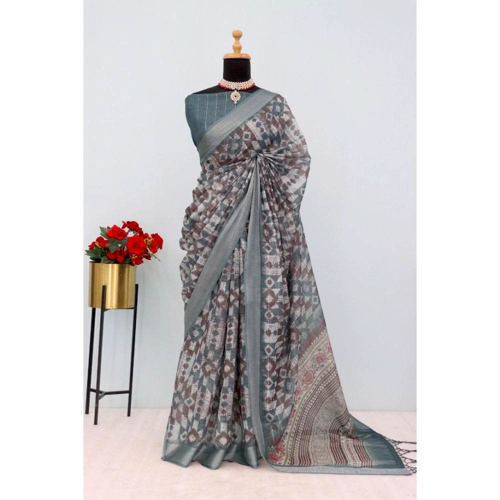 Generic Women's Linen Digital Print Saree With Unstitched Blouse 5.5Mtr (Grey) - MYLUXURY LANE ENTERPRISE