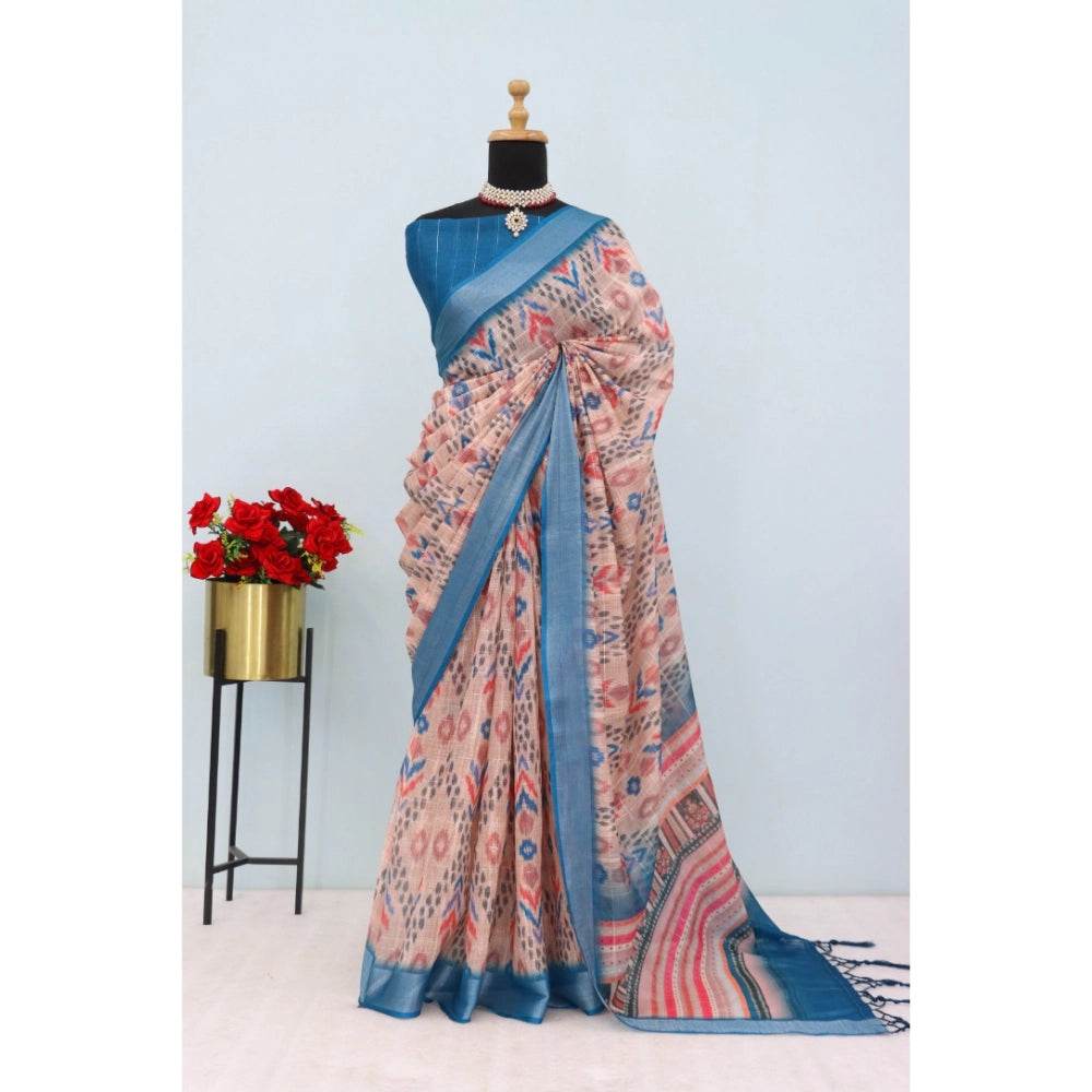 Generic Women's Linen Digital Print Saree With Unstitched Blouse 5.5Mtr (Multicolor) - MYLUXURY LANE ENTERPRISE