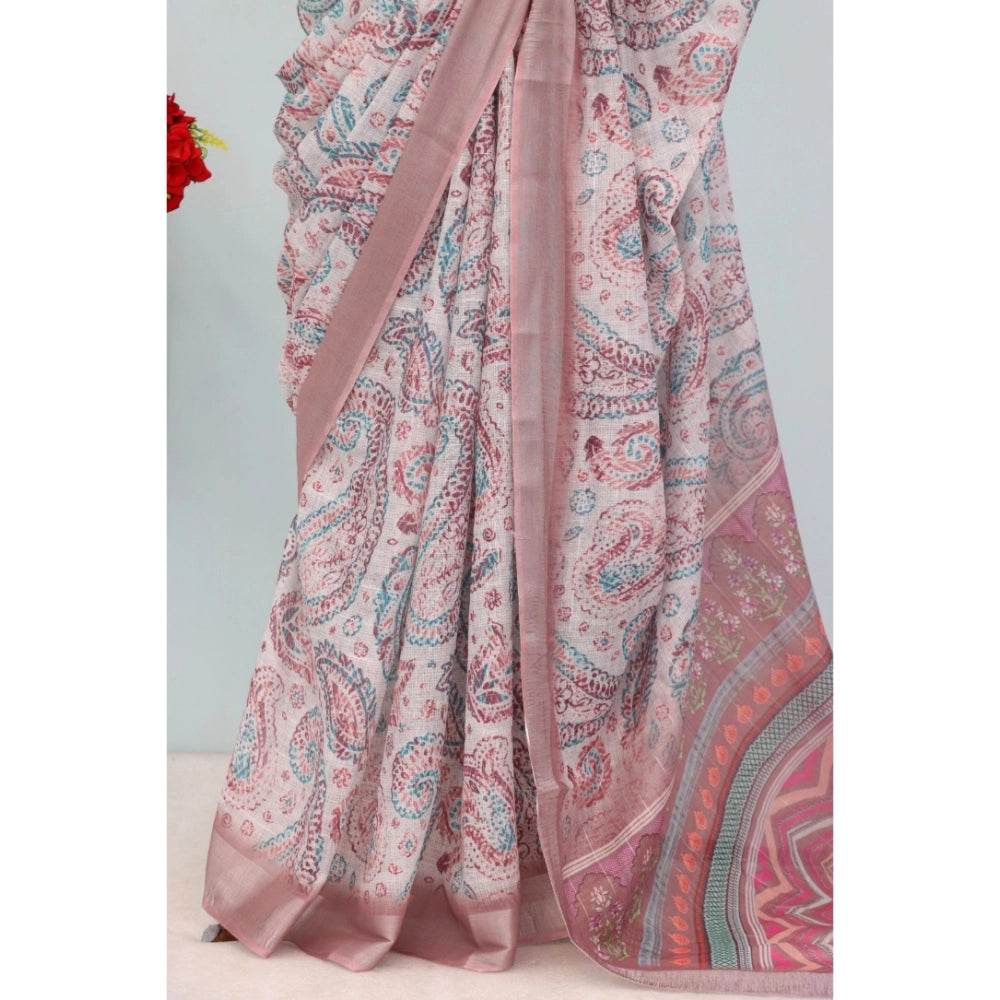 Generic Women's Linen Digital Print Saree With Unstitched Blouse 5.5Mtr (Brown) - MYLUXURY LANE ENTERPRISE