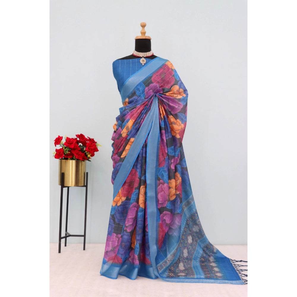 Generic Women's Linen Digital Print Saree With Unstitched Blouse 5.5Mtr (Blue) - MYLUXURY LANE ENTERPRISE