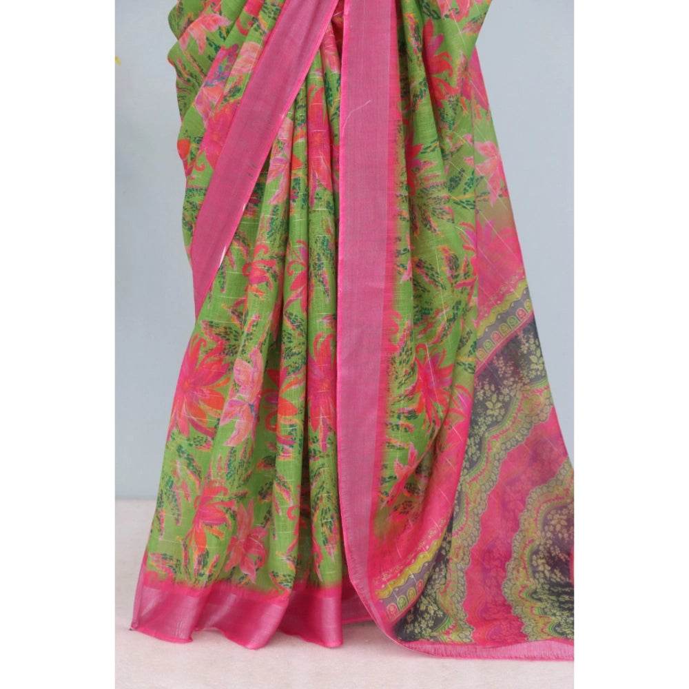 Generic Women's Linen Digital Print Saree With Unstitched Blouse 5.5Mtr (Green) - MYLUXURY LANE ENTERPRISE