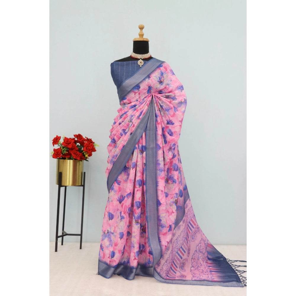 Generic Women's Linen Digital Print Saree With Unstitched Blouse 5.5Mtr (Multicolor) - MYLUXURY LANE ENTERPRISE