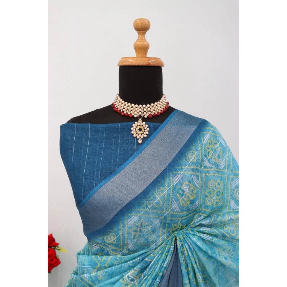 Generic Women's Linen Digital Print Saree With Unstitched Blouse 5.5Mtr (Sky Blue) - MYLUXURY LANE ENTERPRISE