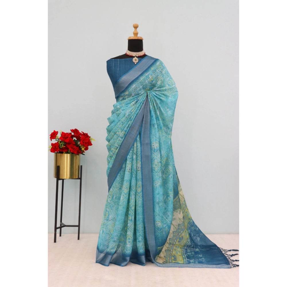 Generic Women's Linen Digital Print Saree With Unstitched Blouse 5.5Mtr (Sky Blue) - MYLUXURY LANE ENTERPRISE