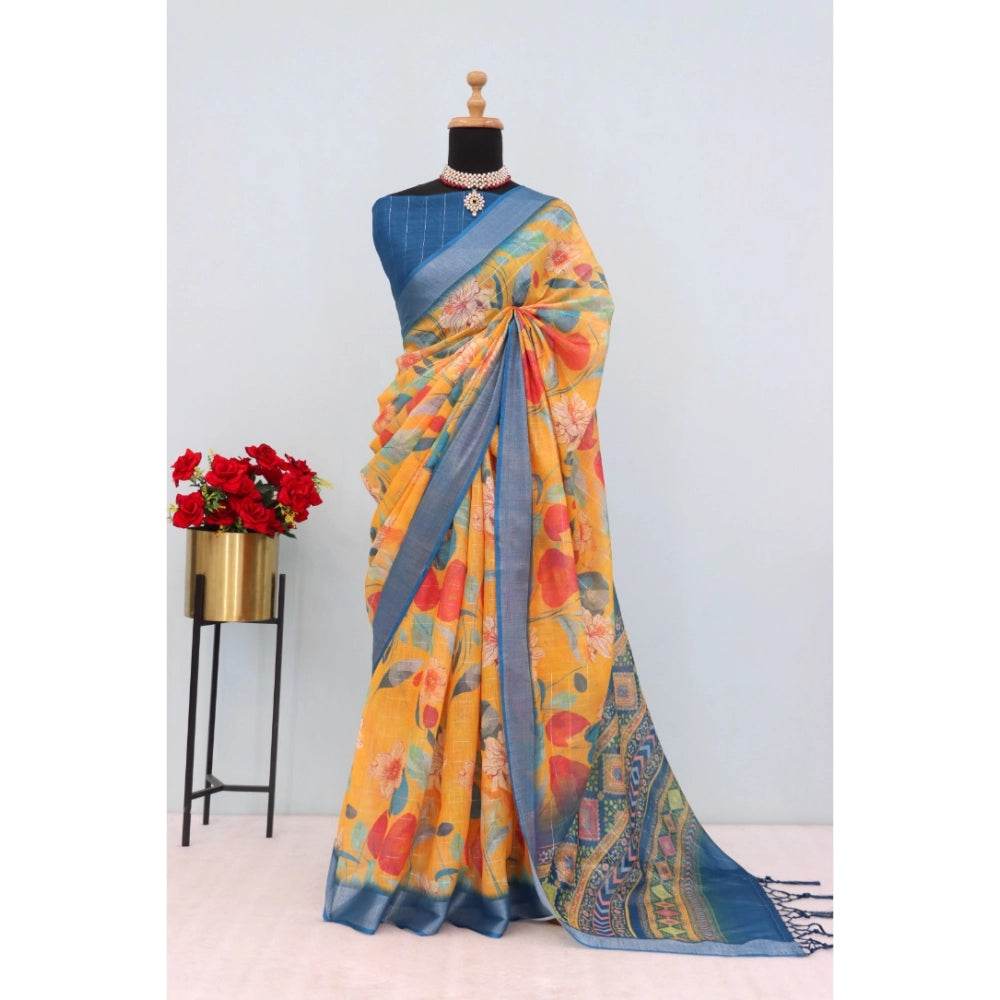 Generic Women's Linen Digital Print Saree With Unstitched Blouse 5.5Mtr (Yellow) - MYLUXURY LANE ENTERPRISE