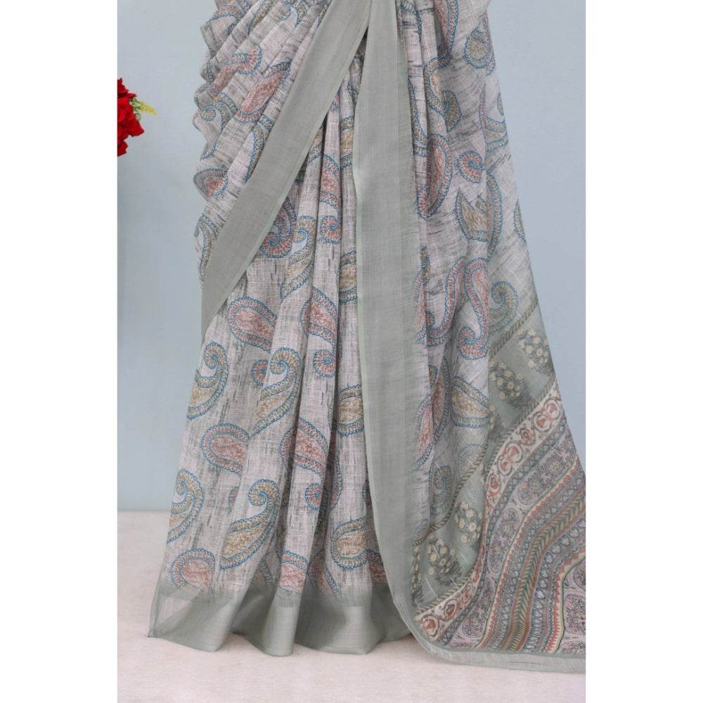 Generic Women's Linen Digital Print Saree With Unstitched Blouse 5.5Mtr (Grey) - MYLUXURY LANE ENTERPRISE