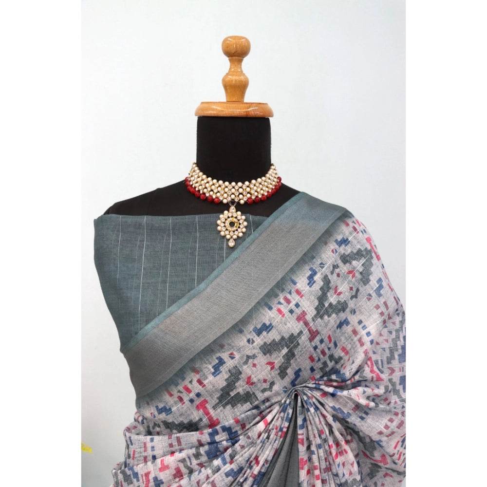 Generic Women's Linen Digital Print Saree With Unstitched Blouse 5.5Mtr (Grey) - MYLUXURY LANE ENTERPRISE