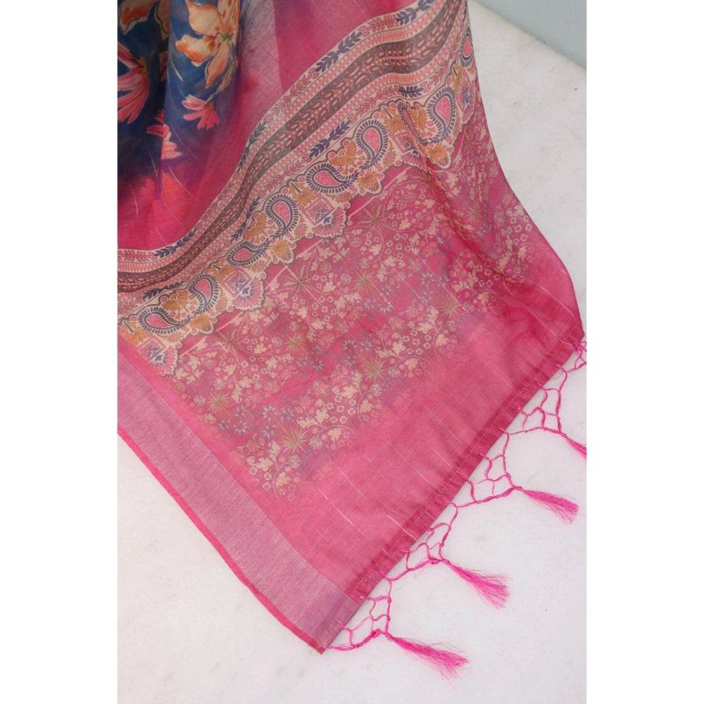 Generic Women's Linen Digital Print Saree With Unstitched Blouse 5.5Mtr (Blue) - MYLUXURY LANE ENTERPRISE