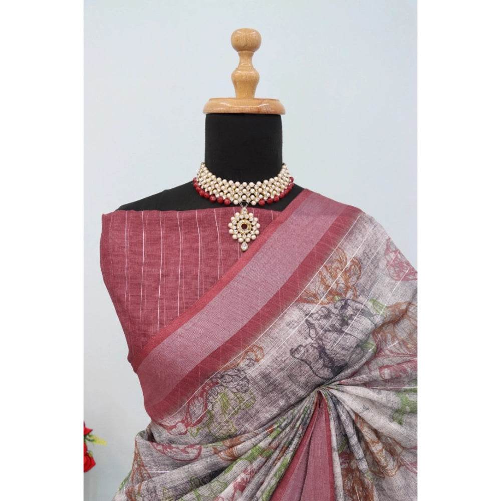 Generic Women's Linen Digital Print Saree With Unstitched Blouse 5.5Mtr (Multicolor) - MYLUXURY LANE ENTERPRISE