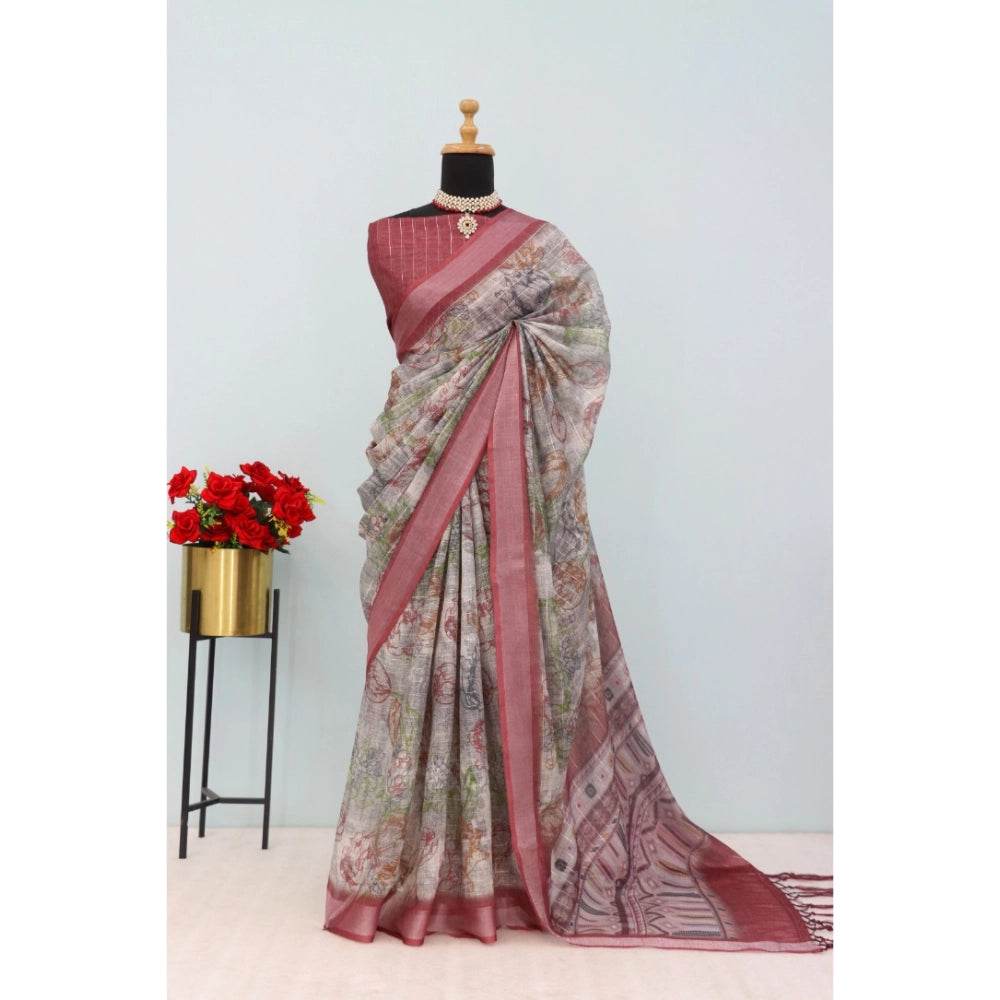 Generic Women's Linen Digital Print Saree With Unstitched Blouse 5.5Mtr (Multicolor) - MYLUXURY LANE ENTERPRISE