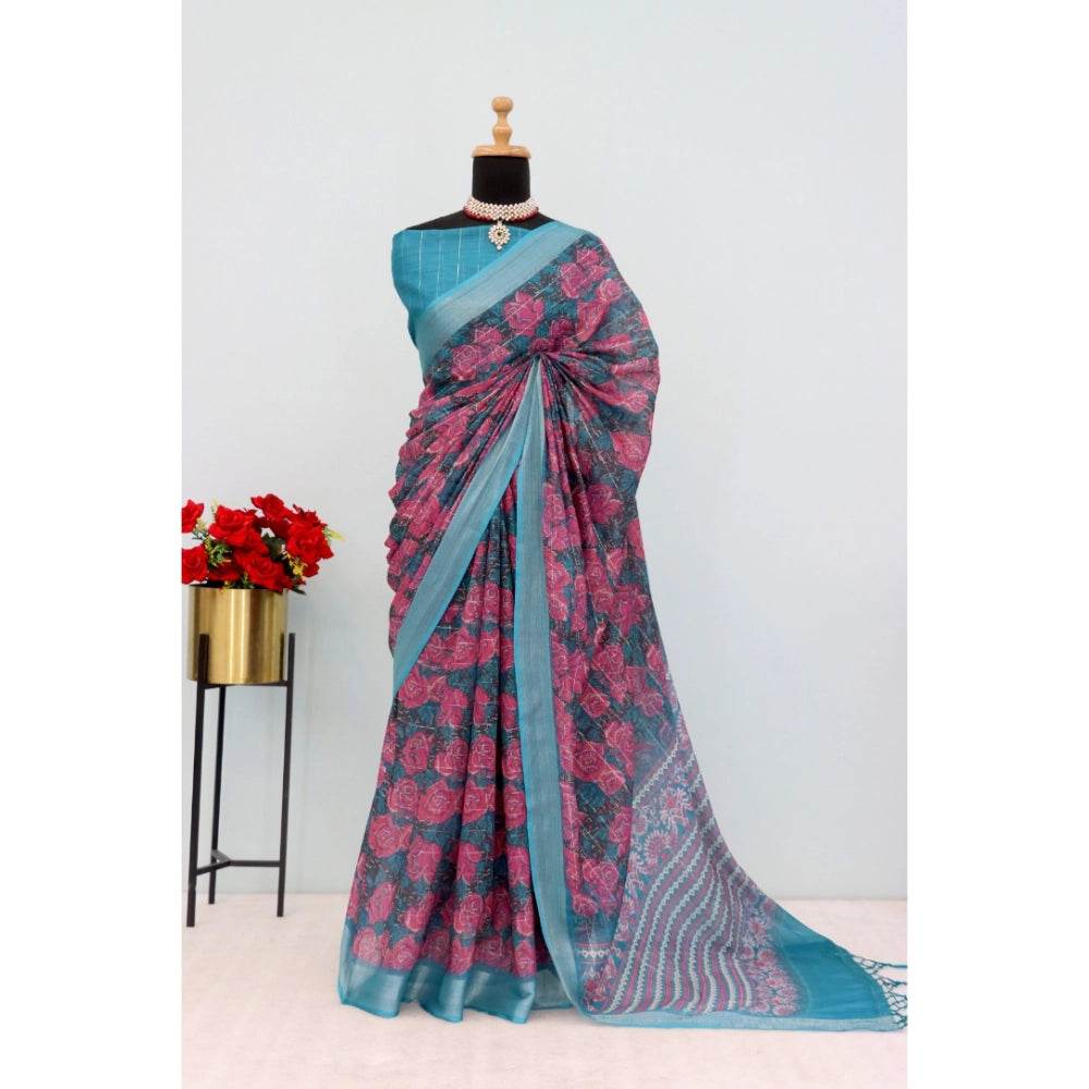Generic Women's Linen Digital Print Saree With Unstitched Blouse 5.5Mtr (Blue) - MYLUXURY LANE ENTERPRISE