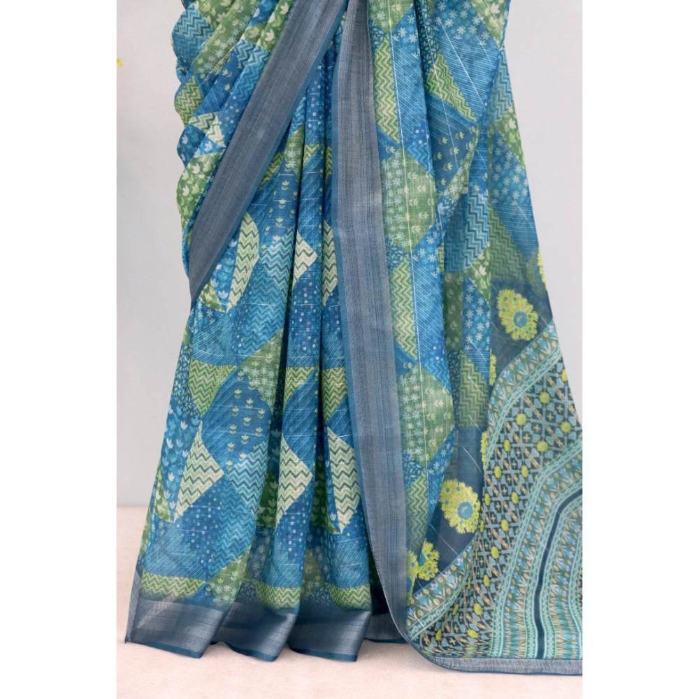 Generic Women's Linen Digital Print Saree With Unstitched Blouse 5.5Mtr (Green) - MYLUXURY LANE ENTERPRISE