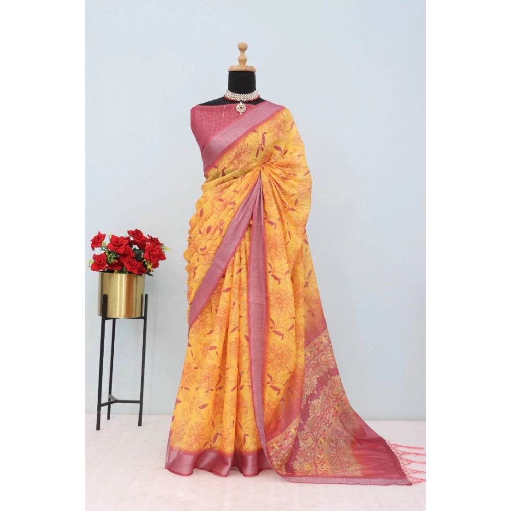 Generic Women's Linen Digital Print Saree With Unstitched Blouse 5.5Mtr (Mustard) - MYLUXURY LANE ENTERPRISE