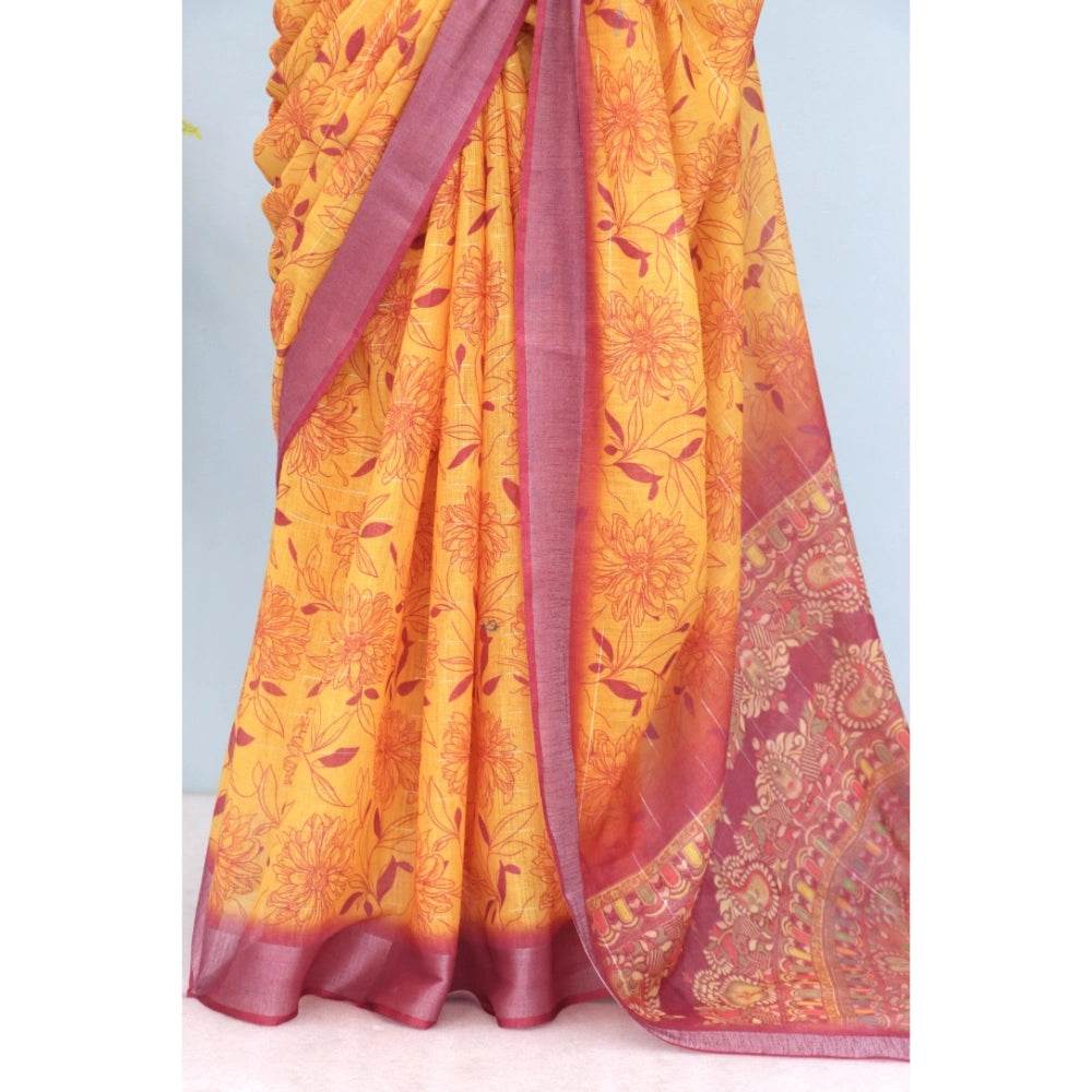 Generic Women's Linen Digital Print Saree With Unstitched Blouse 5.5Mtr (Mustard) - MYLUXURY LANE ENTERPRISE