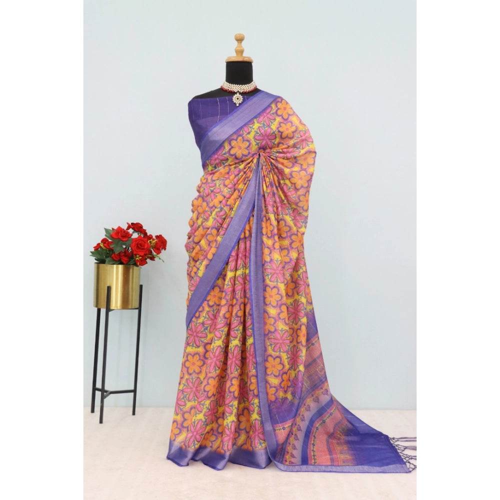 Generic Women's Linen Digital Print Saree With Unstitched Blouse 5.5Mtr (Multicolor) - MYLUXURY LANE ENTERPRISE