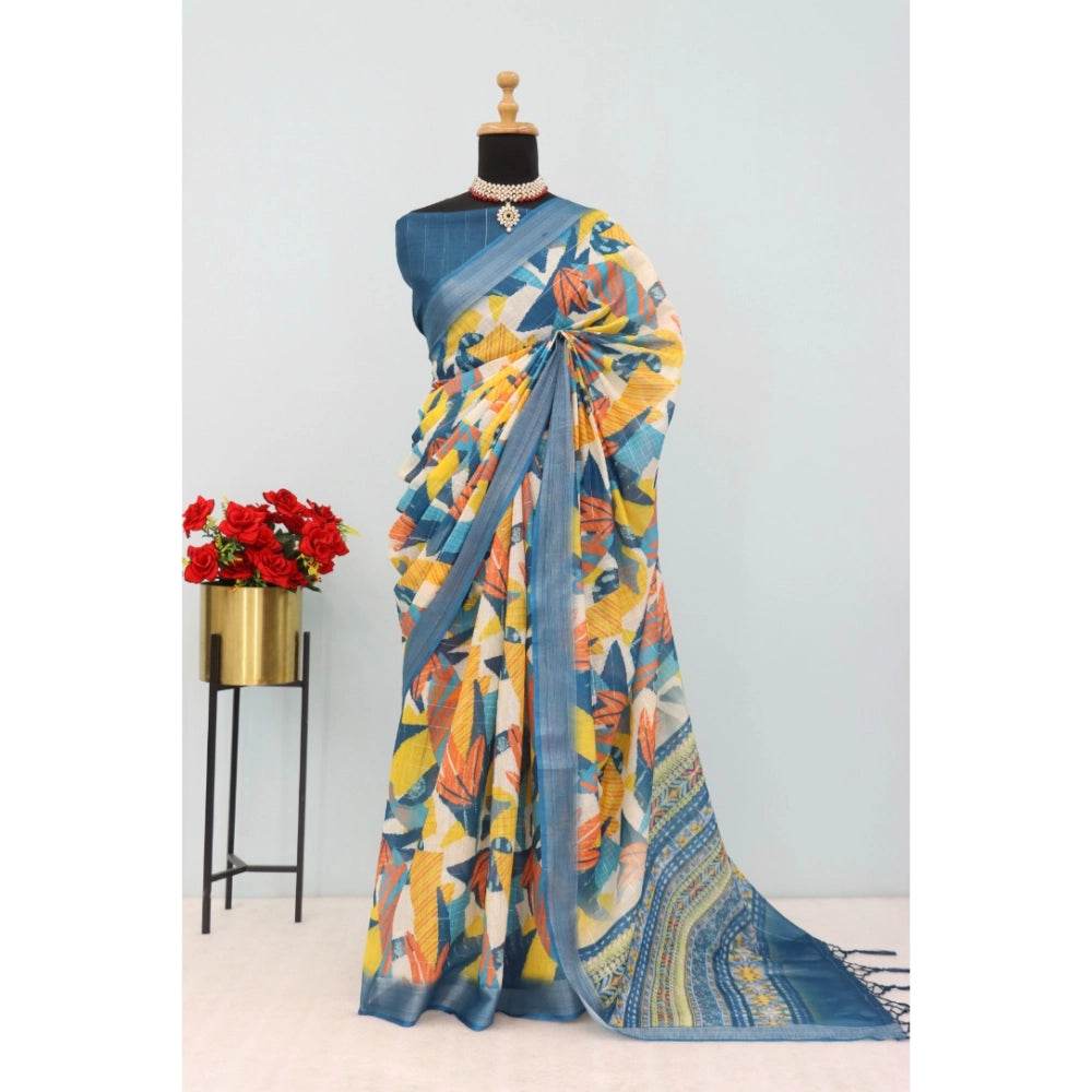 Generic Women's Linen Digital Print Saree With Unstitched Blouse 5.5Mtr (Multicolor) - MYLUXURY LANE ENTERPRISE