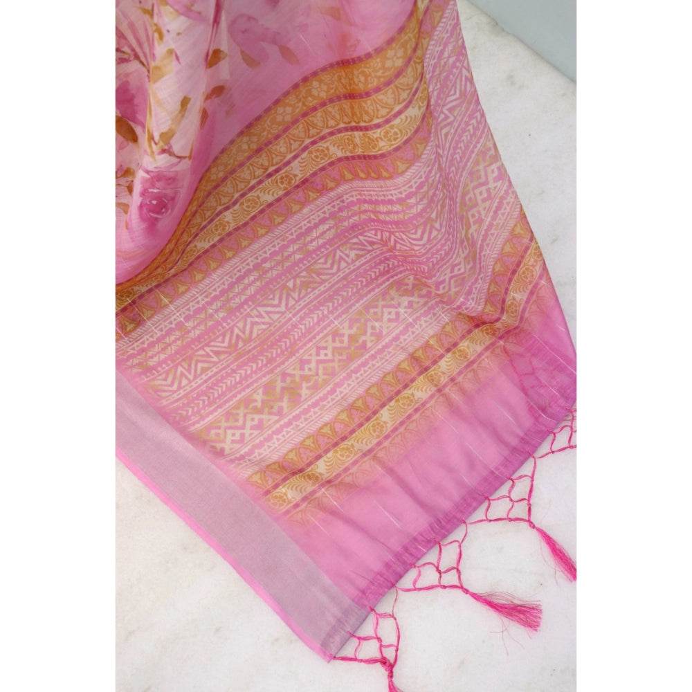 Generic Women's Linen Digital Print Saree With Unstitched Blouse 5.5Mtr (Pink) - MYLUXURY LANE ENTERPRISE