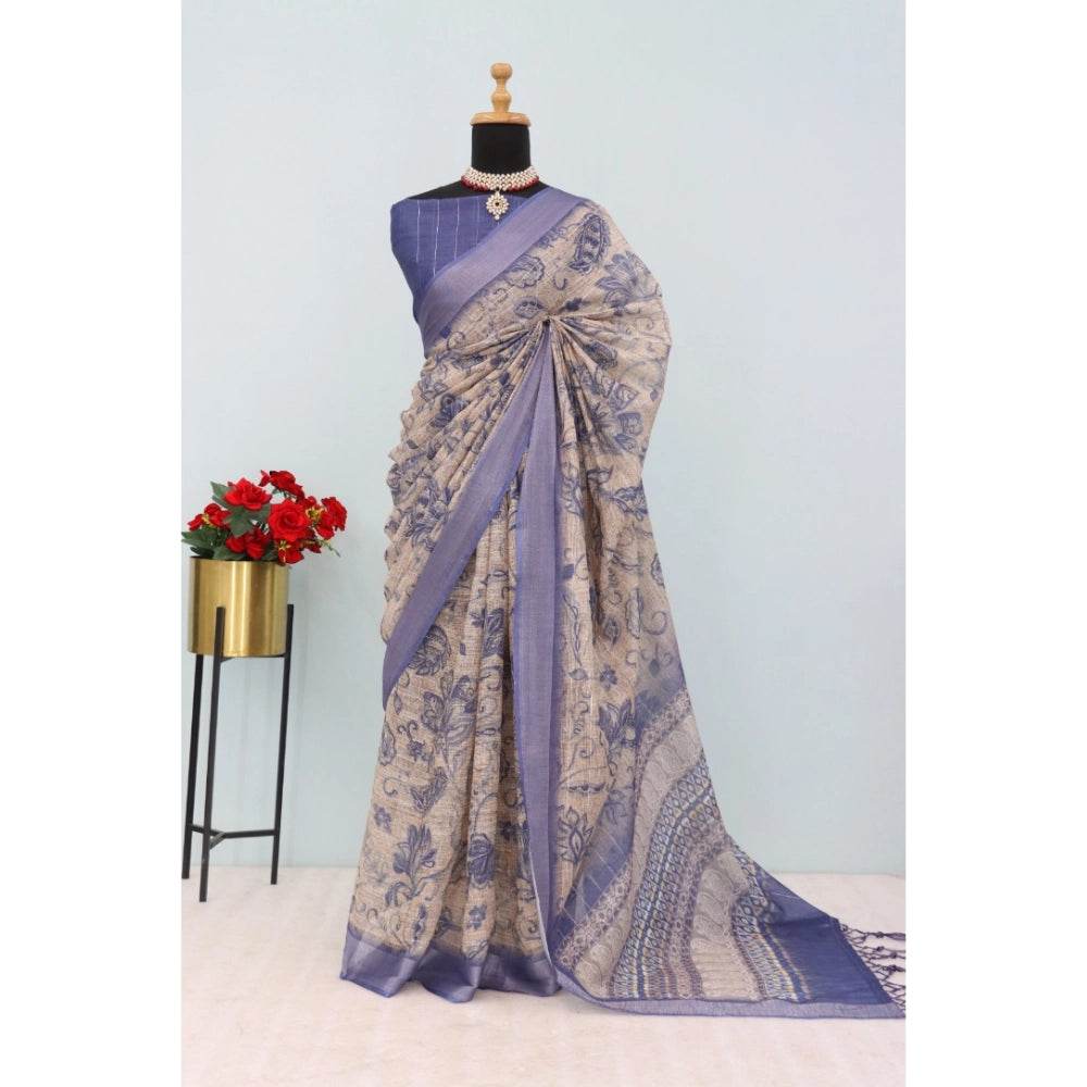 Generic Women's Linen Digital Print Saree With Unstitched Blouse 5.5Mtr (Blue) - MYLUXURY LANE ENTERPRISE