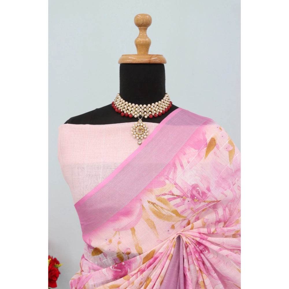 Generic Women's Linen Digital Print Saree With Unstitched Blouse 5.5Mtr (Pink) - MYLUXURY LANE ENTERPRISE