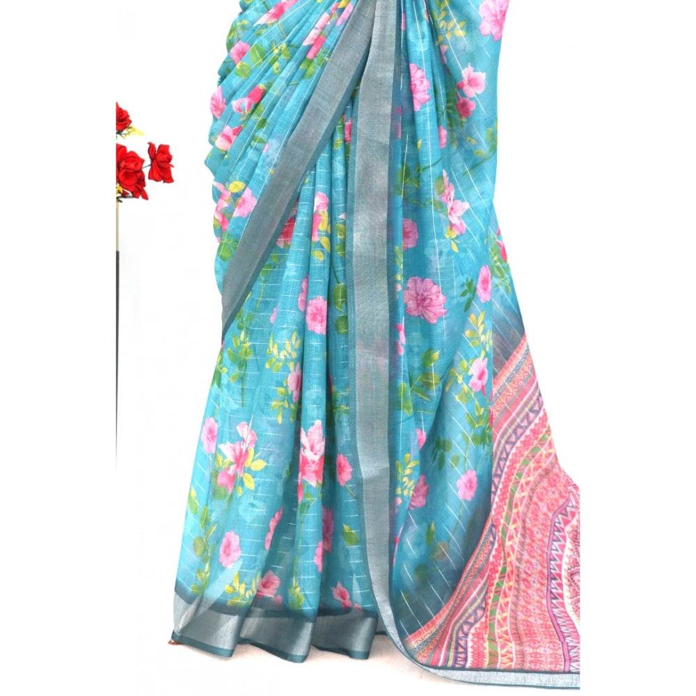 Generic Women's Linen Digital Print Saree With Unstitched Blouse 5.5Mtr (Green) - MYLUXURY LANE ENTERPRISE