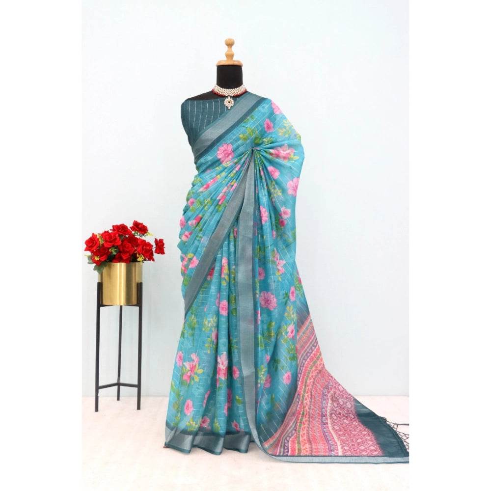 Generic Women's Linen Digital Print Saree With Unstitched Blouse 5.5Mtr (Green) - MYLUXURY LANE ENTERPRISE