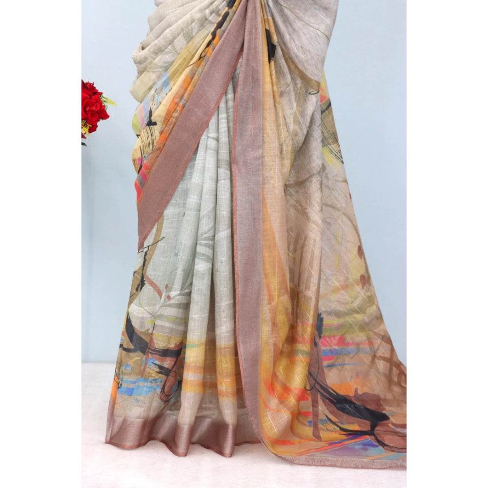 Generic Women's Linen Digital Print Saree With Unstitched Blouse 5.5Mtr (Multicolor) - MYLUXURY LANE ENTERPRISE