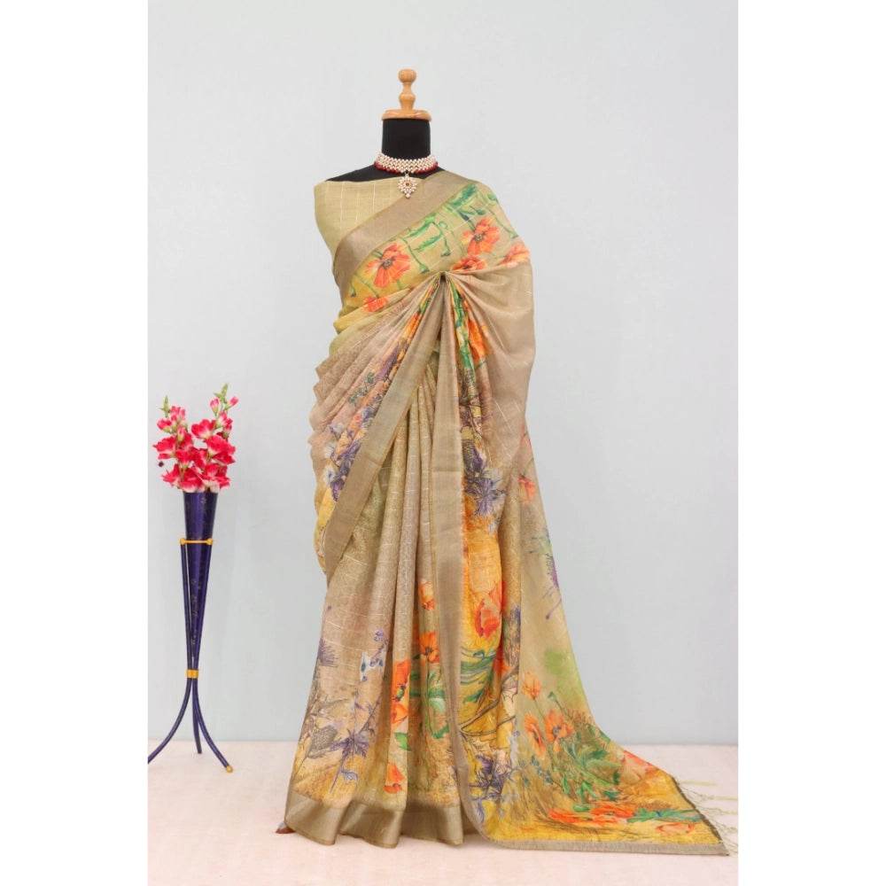 Generic Women's Linen Digital Print Saree With Unstitched Blouse 5.5Mtr (Multicolor) - MYLUXURY LANE ENTERPRISE