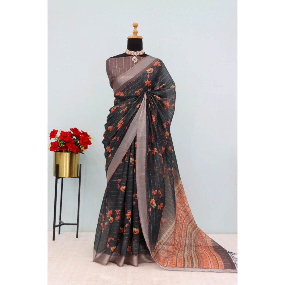 Generic Women's Linen Digital Print Saree With Unstitched Blouse 5.5Mtr (Black) - MYLUXURY LANE ENTERPRISE