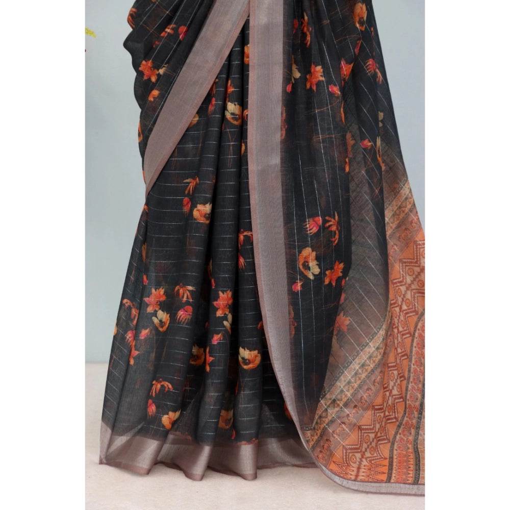 Generic Women's Linen Digital Print Saree With Unstitched Blouse 5.5Mtr (Black) - MYLUXURY LANE ENTERPRISE