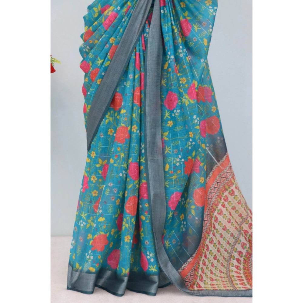Generic Women's Linen Digital Print Saree With Unstitched Blouse 5.5Mtr (Green) - MYLUXURY LANE ENTERPRISE