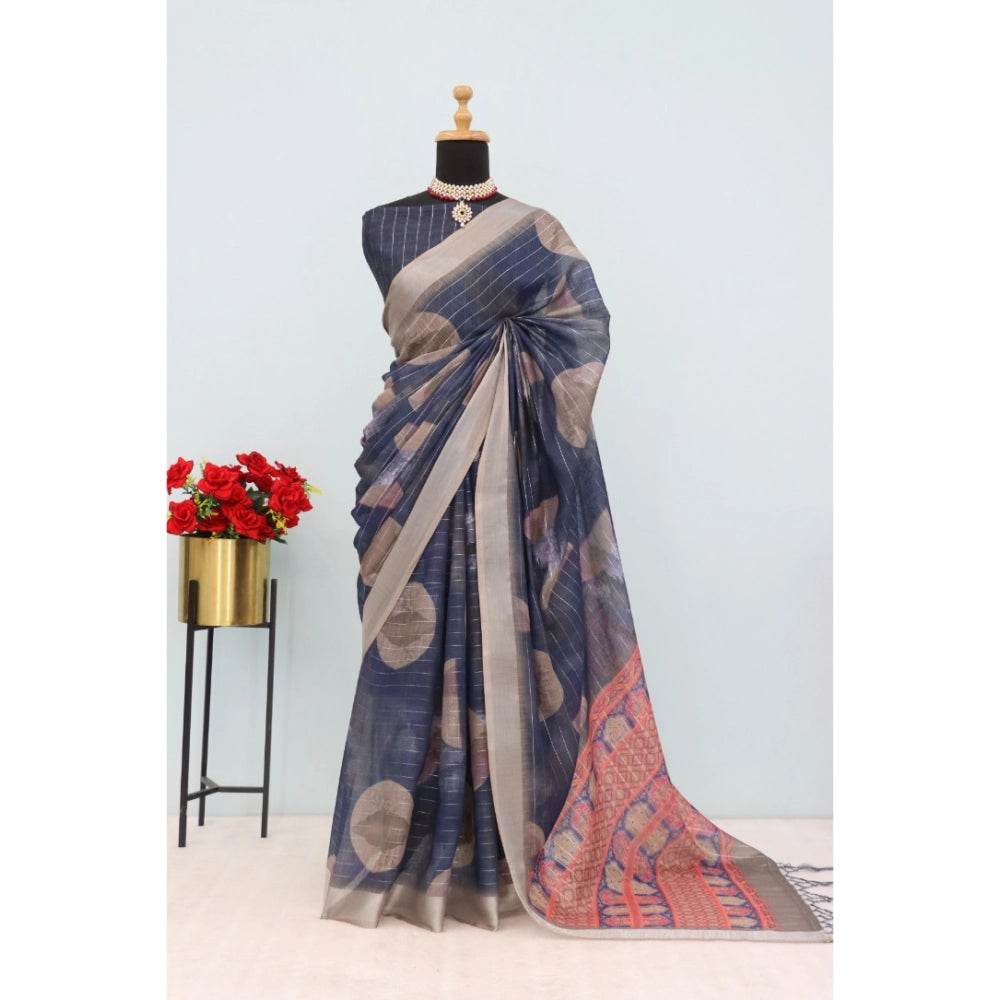 Generic Women's Linen Digital Print Saree With Unstitched Blouse 5.5Mtr (Blue) - MYLUXURY LANE ENTERPRISE