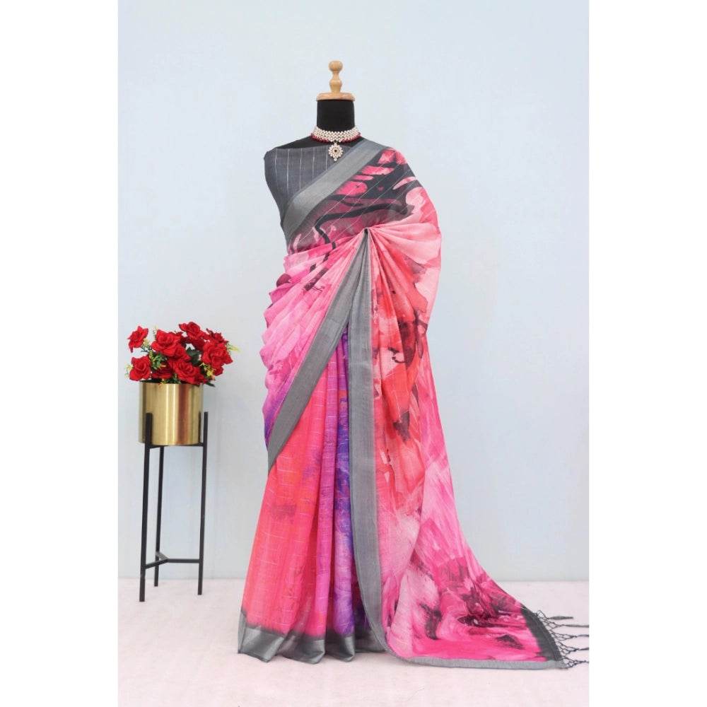 Generic Women's Linen Digital Print Saree With Unstitched Blouse 5.5Mtr (Pink) - MYLUXURY LANE ENTERPRISE