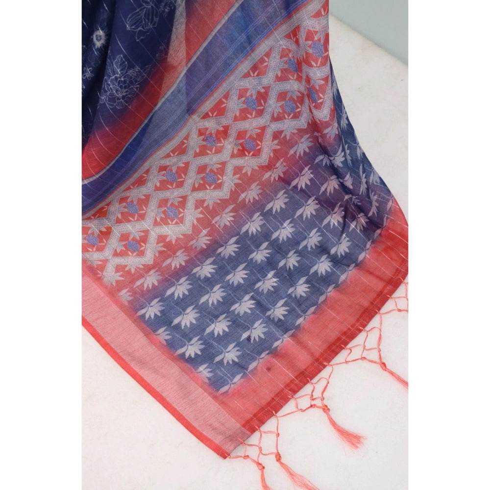 Generic Women's Linen Digital Print Saree With Unstitched Blouse 5.5Mtr (Blue) - MYLUXURY LANE ENTERPRISE