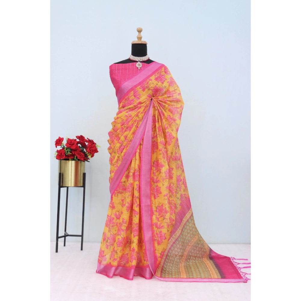 Generic Women's Linen Digital Print Saree With Unstitched Blouse 5.5Mtr (Yellow) - MYLUXURY LANE ENTERPRISE