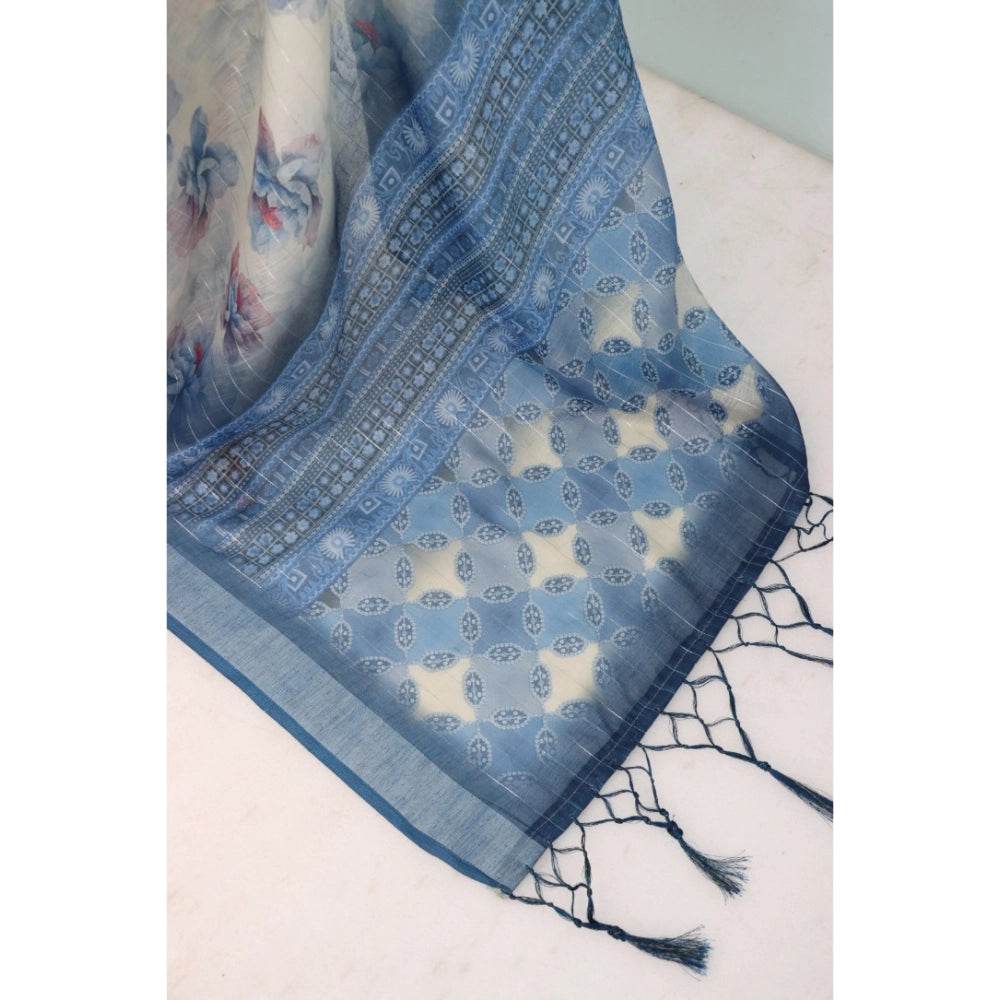 Generic Women's Linen Digital Print Saree With Unstitched Blouse 5.5Mtr (Blue) - MYLUXURY LANE ENTERPRISE