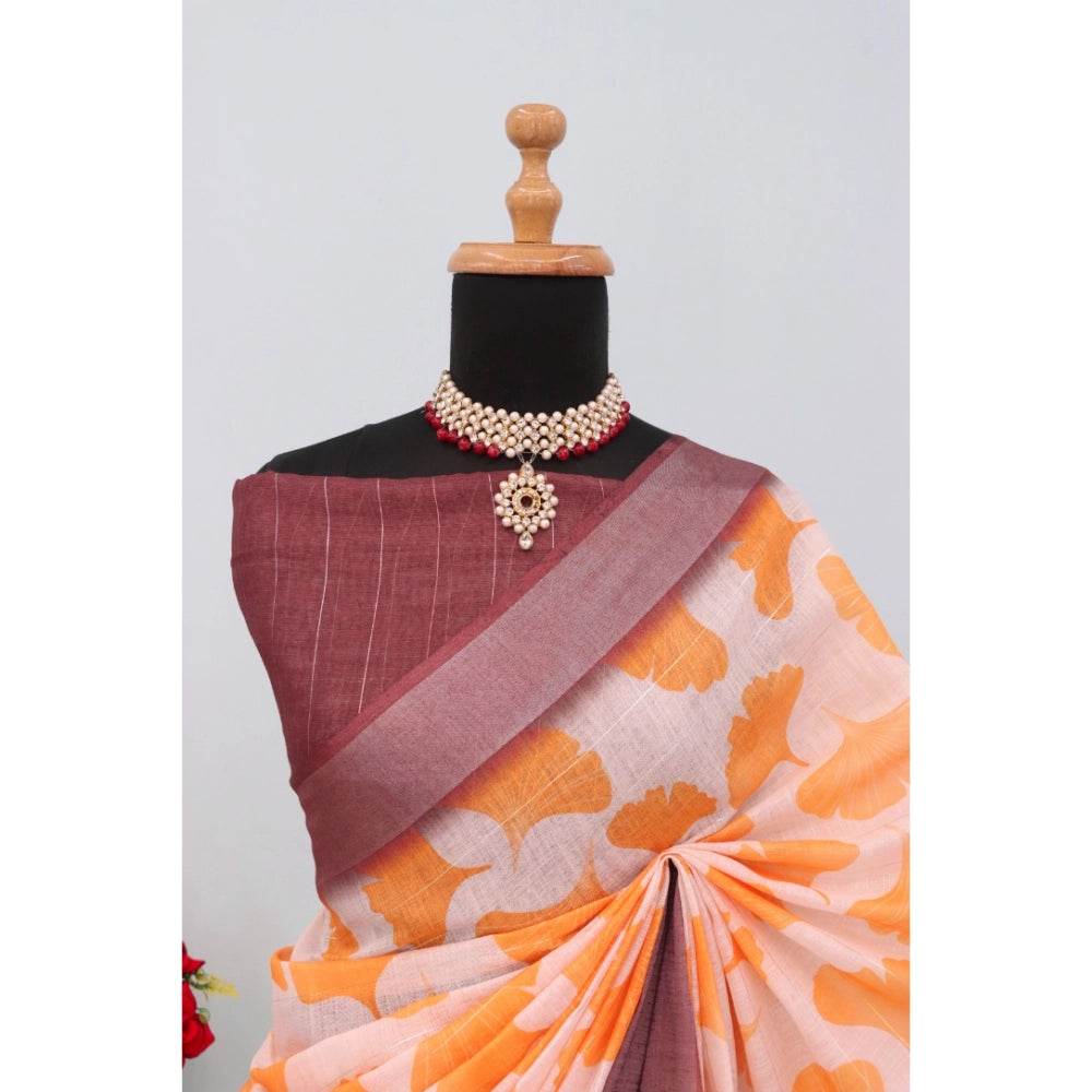 Generic Women's Linen Digital Print Saree With Unstitched Blouse 5.5Mtr (Orange) - MYLUXURY LANE ENTERPRISE