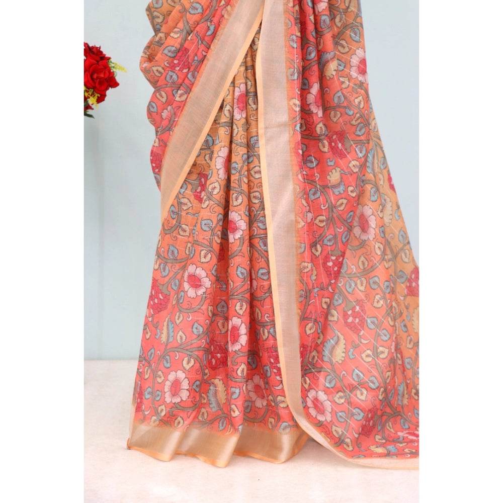 Generic Women's Linen Digital Print Saree With Unstitched Blouse 5.5Mtr (Orange) - MYLUXURY LANE ENTERPRISE