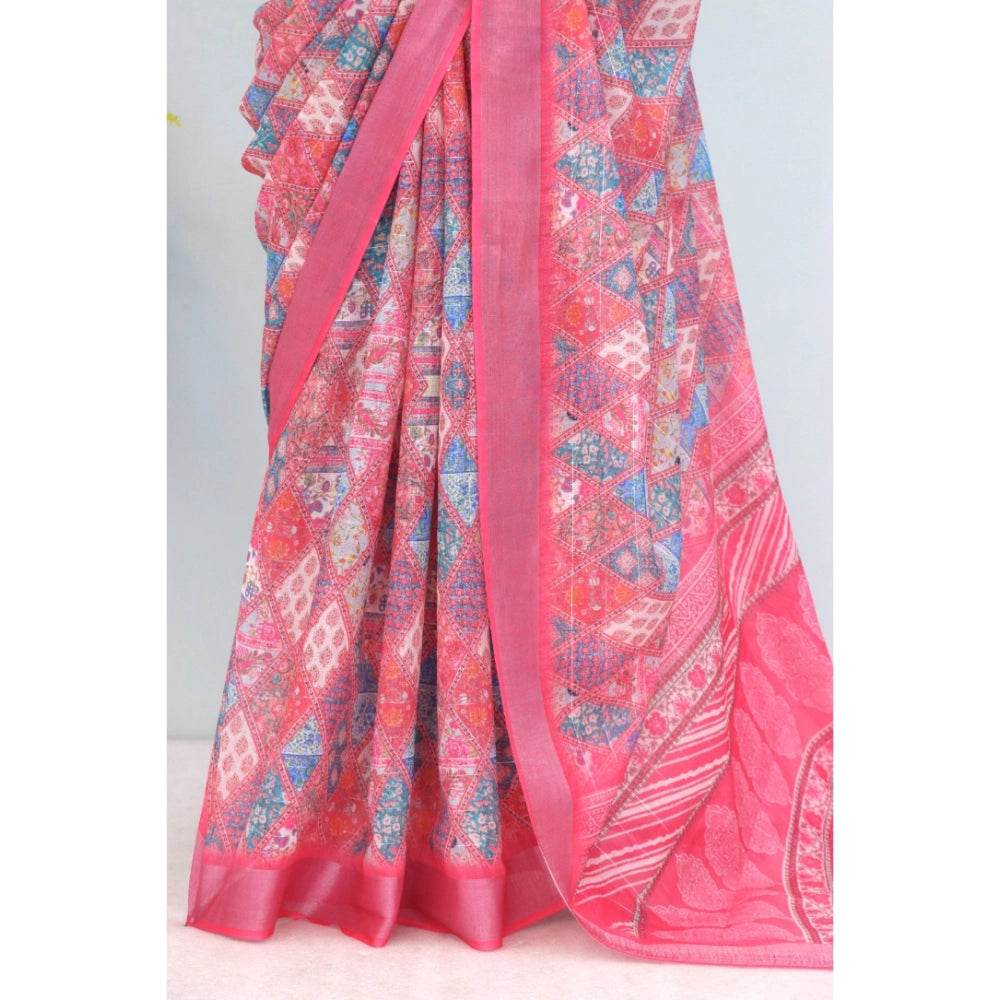 Generic Women's Linen Digital Print Saree With Unstitched Blouse 5.5Mtr (Pink) - MYLUXURY LANE ENTERPRISE