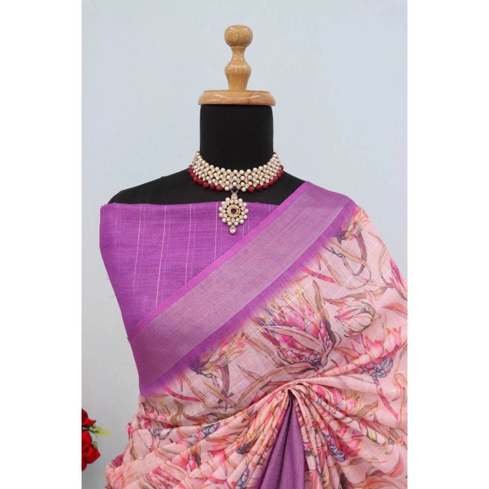 Generic Women's Linen Digital Print Saree With Unstitched Blouse 5.5Mtr (Purple) - MYLUXURY LANE ENTERPRISE