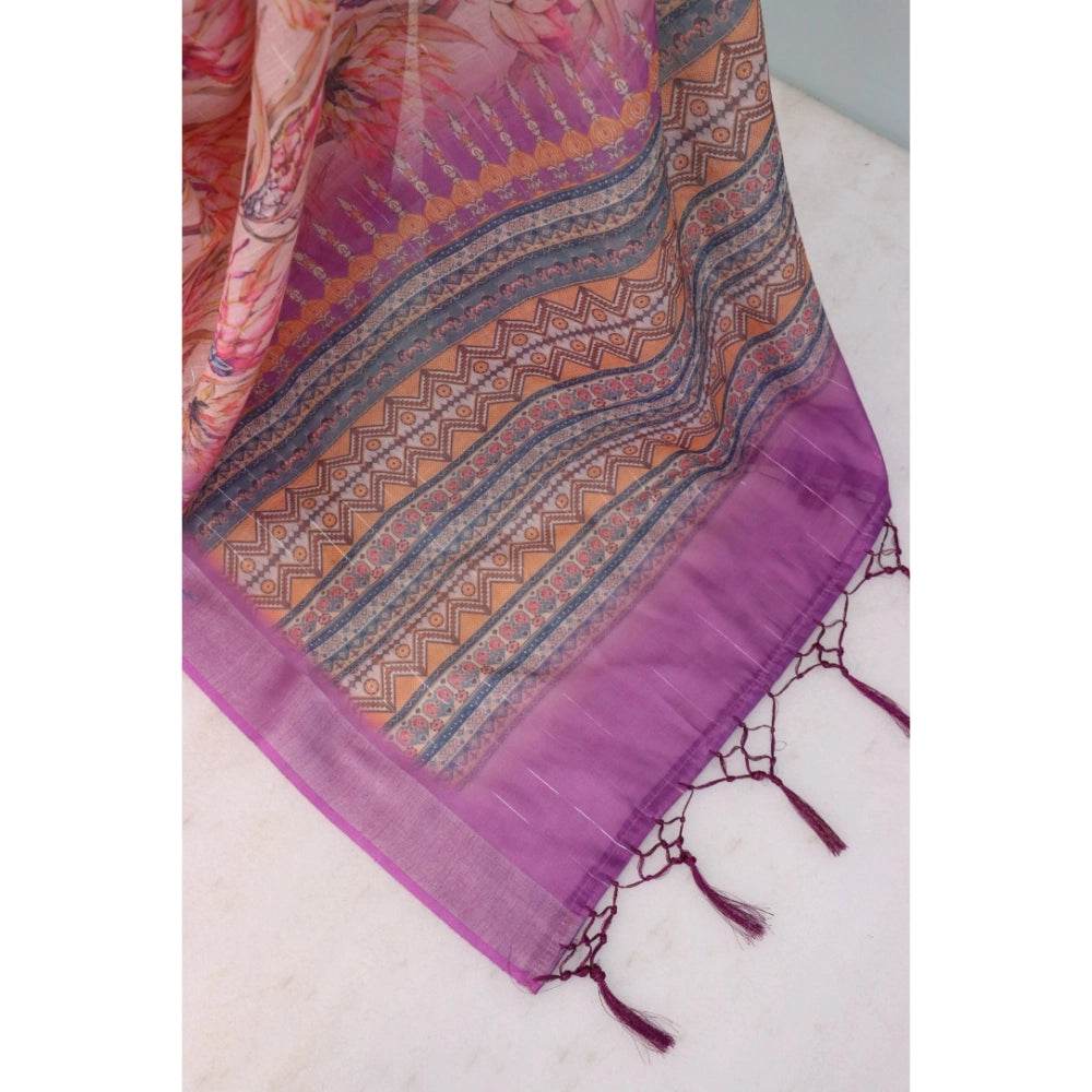 Generic Women's Linen Digital Print Saree With Unstitched Blouse 5.5Mtr (Purple) - MYLUXURY LANE ENTERPRISE