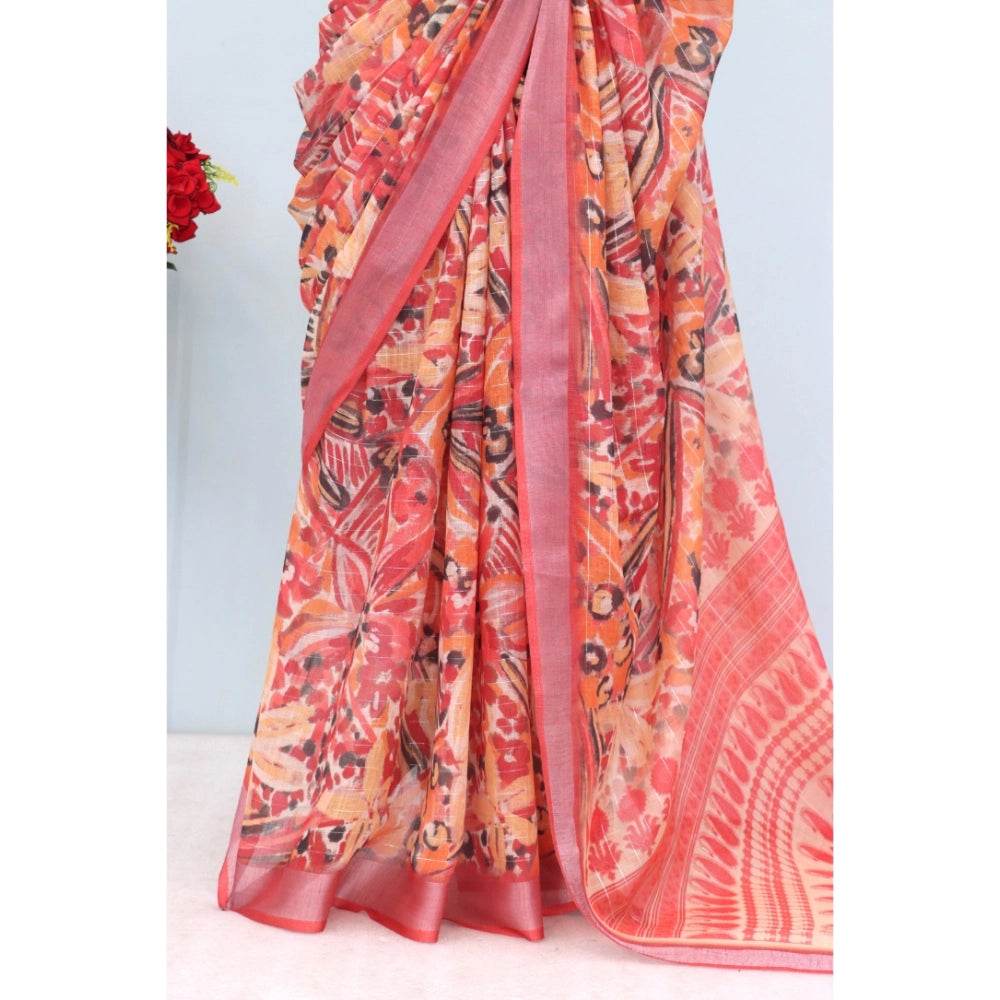 Generic Women's Linen Digital Print Saree With Unstitched Blouse 5.5Mtr (Pink) - MYLUXURY LANE ENTERPRISE