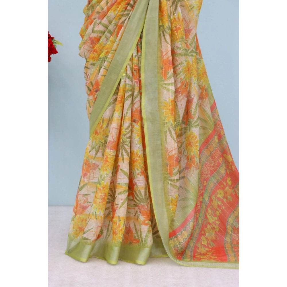 Generic Women's Linen Digital Print Saree With Unstitched Blouse 5.5Mtr (Multicolor) - MYLUXURY LANE ENTERPRISE