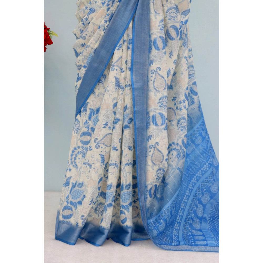 Generic Women's Linen Digital Print Saree With Unstitched Blouse 5.5Mtr (Blue) - MYLUXURY LANE ENTERPRISE