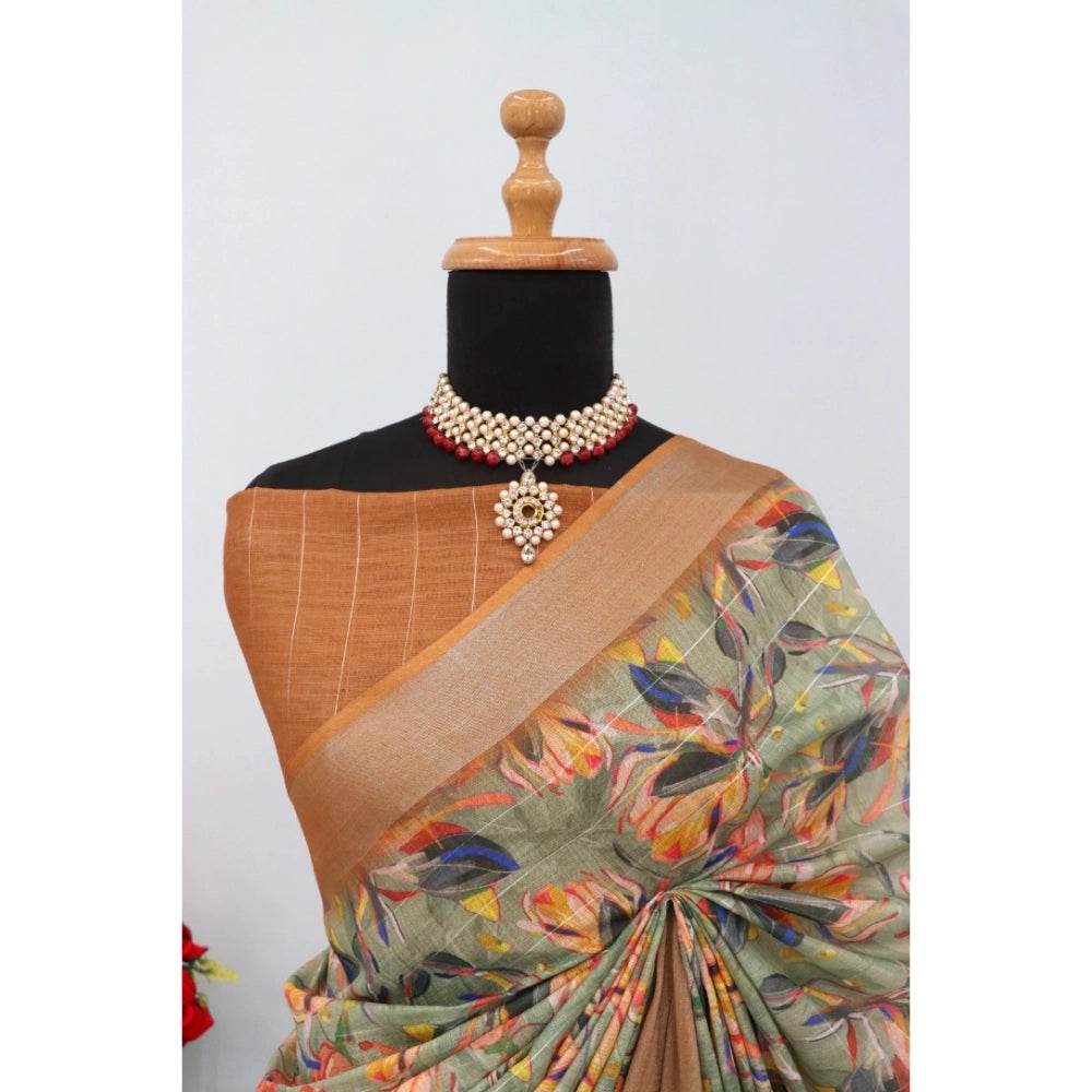 Generic Women's Linen Digital Print Saree With Unstitched Blouse 5.5Mtr (Beige) - MYLUXURY LANE ENTERPRISE