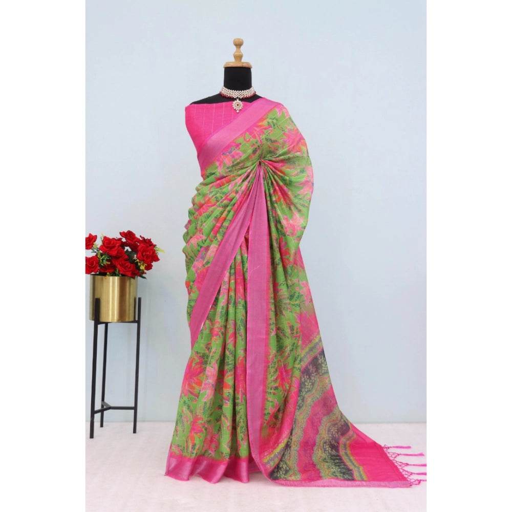 Generic Women's Linen Digital Print Saree With Unstitched Blouse 5.5Mtr (Green) - MYLUXURY LANE ENTERPRISE